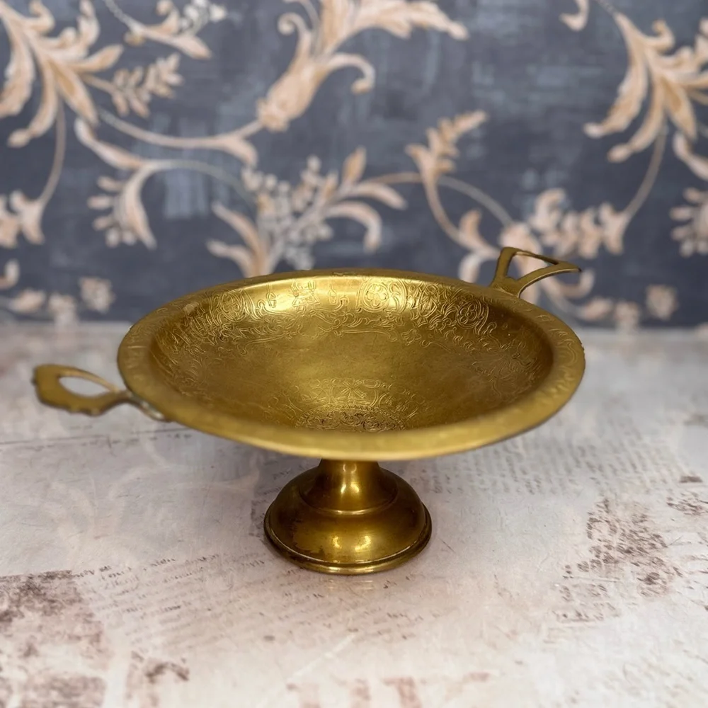 Antique Style Brass Pedestal Bowl w Handles Etched Footed Dish